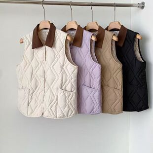 复古灯芯绒拼接羽绒棉衣马甲女冬季夹棉轻薄保暖坎肩马夹休闲上衣