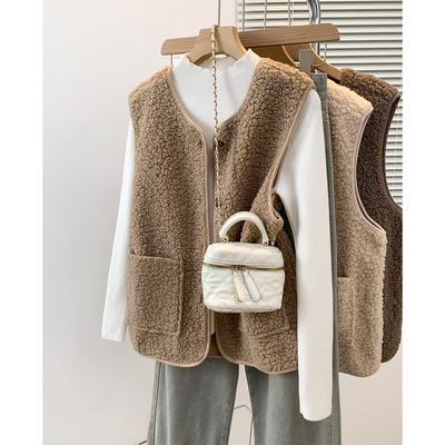 大码时尚羊羔毛马甲外套女胖mm高级感叠穿皮毛一体坎肩开衫背心潮