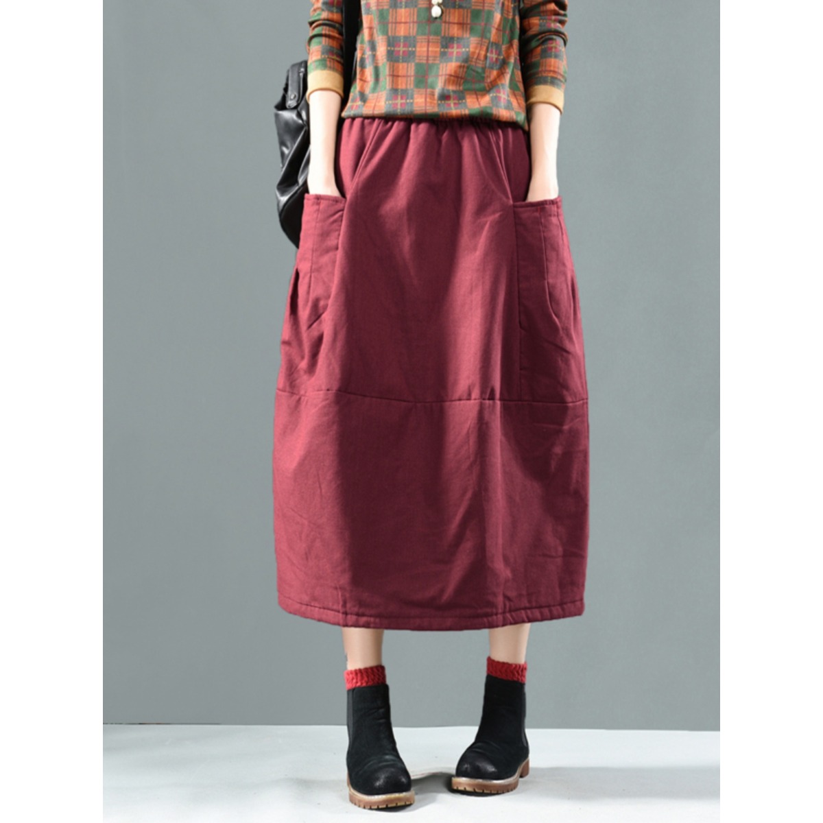 复古夹棉保暖防寒半身裙女冬装松紧腰遮胯百搭外穿中长款a字裙潮