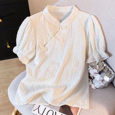 新中式国风泡泡短袖衬衫女夏季立领斜襟盘扣小衫气质改良旗袍上衣