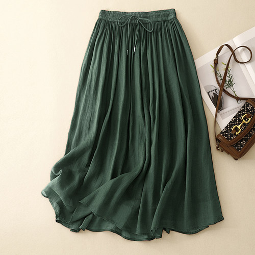 复古纯色双层苎麻大摆半身裙女夏季汉服穿搭超仙气质高腰a字伞裙