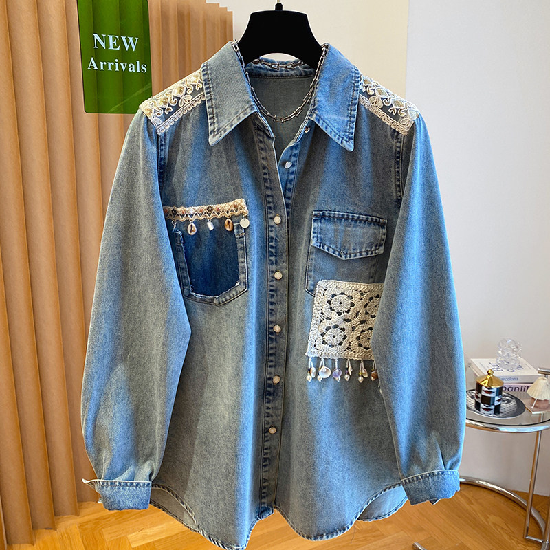 复古时尚蕾丝肩章拼接牛仔衬衫女秋季新款休闲宽松百搭外套上衣潮