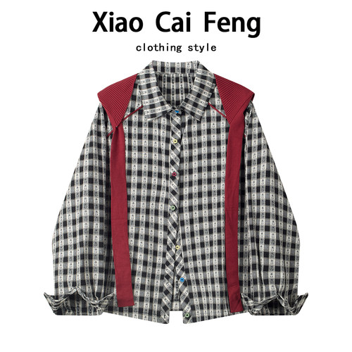 韩版POLO领格子衬衫外套女秋装设计感独特别致针织连帽披肩衬衣潮