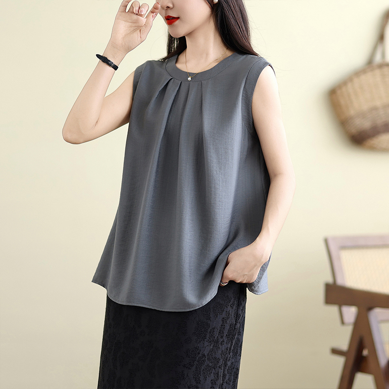 复古高级感褶皱无袖衬衫女薄款夏季宽松设计感马甲背心外搭上衣潮