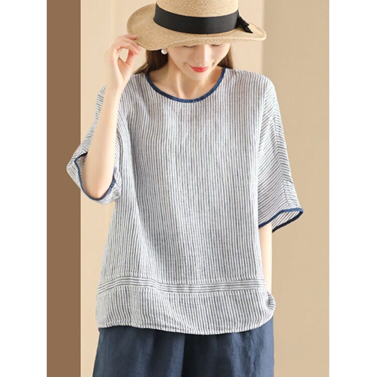 大码胖MM条纹撞色短袖衬衫女士夏季宽松显瘦t恤棉麻圆领套头上衣