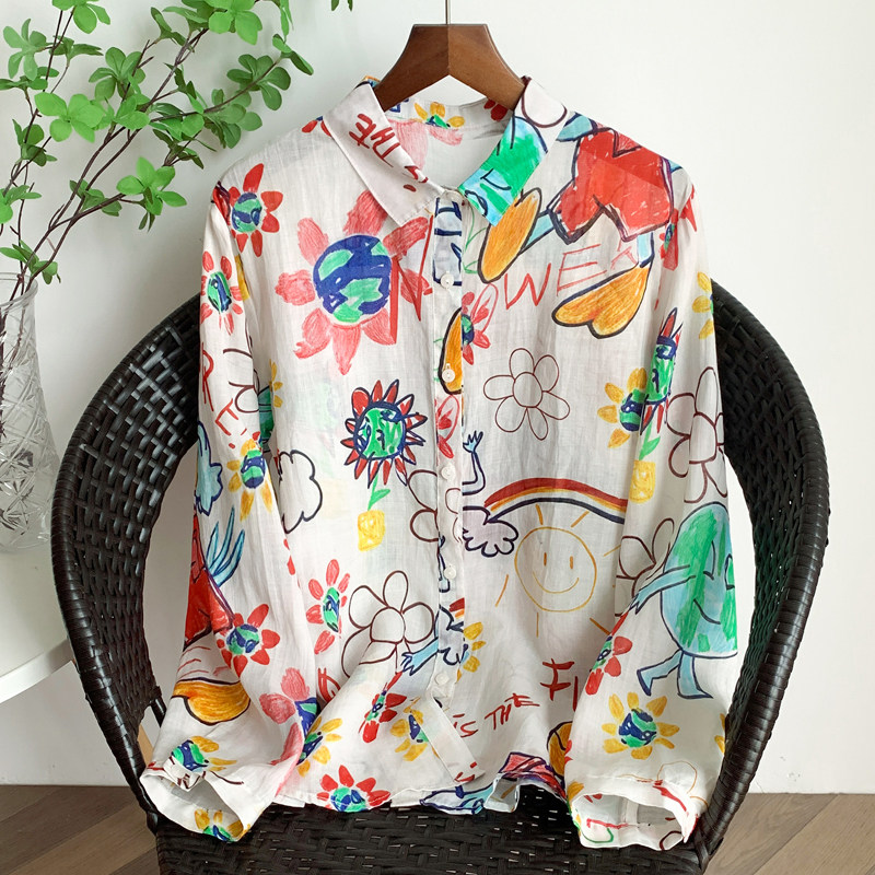 休闲时尚涂鸦印花polo领衬衫女春夏宽松显瘦百搭棉麻衬衣长袖上衣,女装/女士精品,衬衫,淘宝优惠券,粉丝福利购,淘宝优惠卷