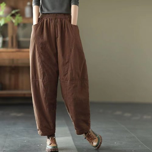 复古夹棉加厚棉麻萝卜裤子女