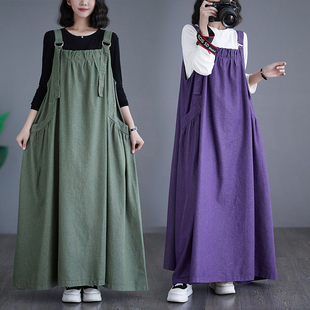胖mm小众过膝长款 大码 吊带大摆连衣裙潮 牛仔背带裙女秋装 复古工装