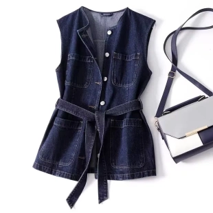 设计感时髦牛仔马甲外套女春秋无袖 大口袋休闲坎肩气质收腰背心潮