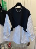 外贸出口意大利余单时尚 针织拼接假两件条纹衬衫 设计感小众上衣潮