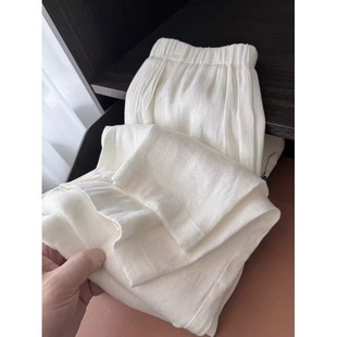 慵懒松弛棉麻阔腿裤女春夏季薄款高端白色亚麻裤子松紧腰休闲长裤