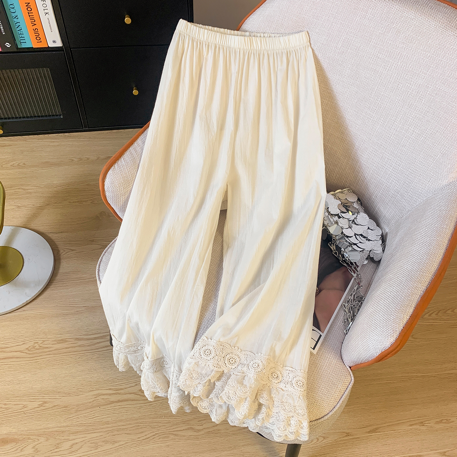 新款甜美森系花边叠穿阔腿裤