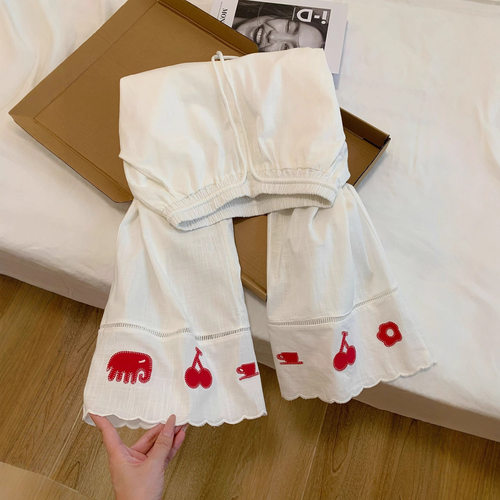 白色裤脚刺绣花边亚麻休闲直筒裤女2025新款小众慵懒显瘦阔腿裤子