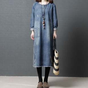 复古水洗磨白牛仔连衣裙女春季 a字裙洋气流苏长裙子潮 宽松中长款