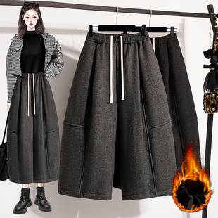 毛呢弯刀裤女冬季加绒加厚2025新款欧货奶奶裤大码胖mm八分阔腿裤