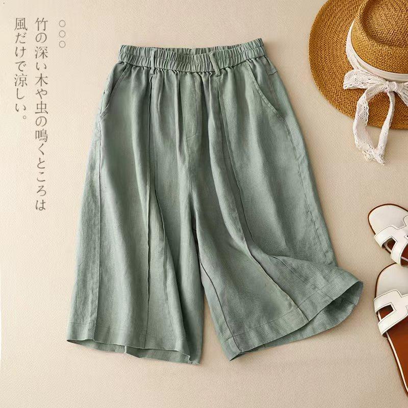 清仓捡漏~亚麻中裤女夏季宽松五分裤松紧腰休闲裤百搭阔腿短裤潮
