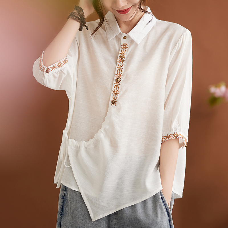 复古刺绣翻领苎麻衬衫女夏季新款设计感小众系带小众独特别致上衣