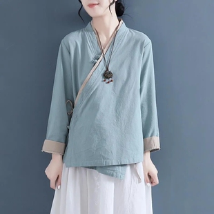 外贸出口尾单品牌折扣女装剪标斜襟盘扣棉麻衬衫中国风汉服茶服装