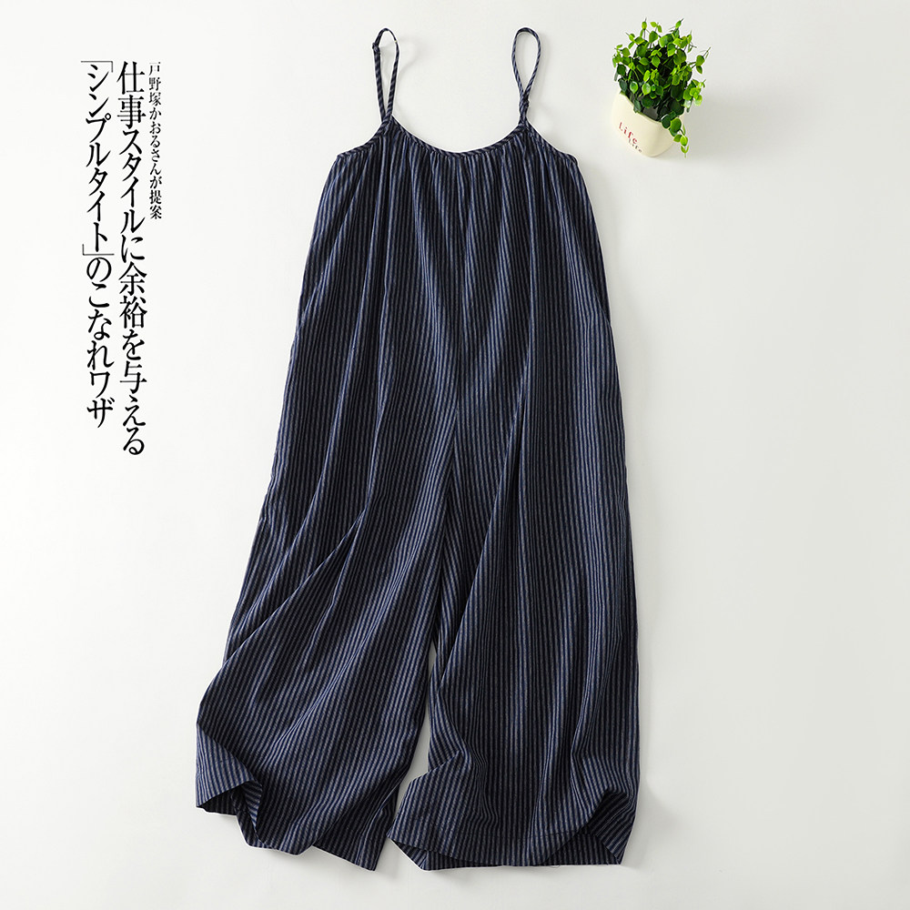 美式复古风蓝白条纹棉麻连体裤女夏季吊带阔腿宽松百搭显瘦休闲裤