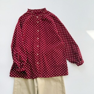 复古港风波点磨毛衬衫 减龄花边立领上衣通勤气质打底衬衣潮 女春季