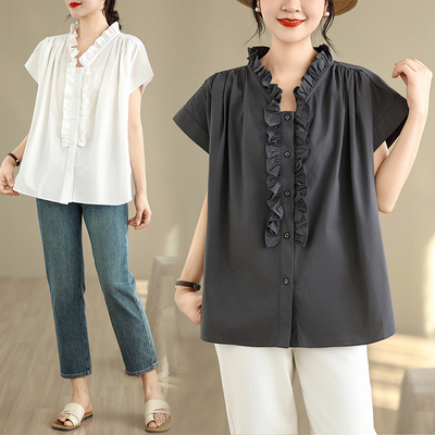 设计感木耳边衬衫女夏季新款大码胖mm遮肉小众别致独特短袖上衣潮