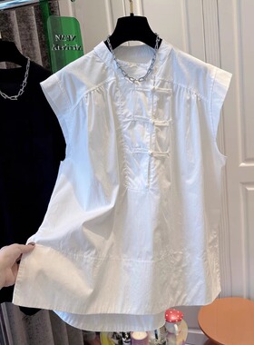 新中式国风盘扣白色小飞袖衬衫女夏季宽松无袖套头小衫背心上衣潮