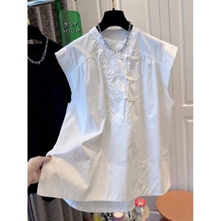 国风盘扣白色小飞袖 套头小衫 衬衫 宽松无袖 背心上衣潮 女夏季 新中式
