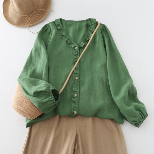 衬衣 减龄V领长袖 外贸出口原单复古森系木耳边拼接绿色衬衫 女春季