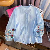 上衣潮 精致刺绣文艺短款 复古高级感镂空蕾丝拼接七分袖 衬衣女夏季