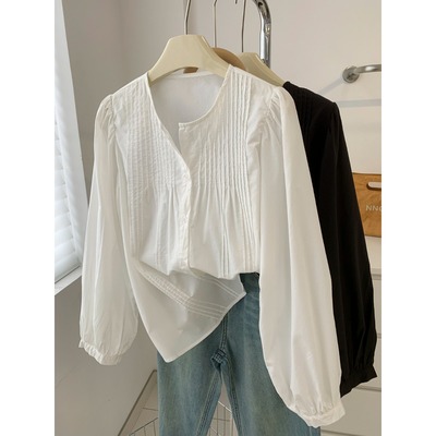 设计感小众风琴褶衬衫女春秋简约百搭白色圆领娃娃衫女外套衬衣潮