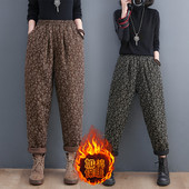 松紧腰外穿棉裤 大码 女百搭长裤 复古碎花夹棉哈伦裤 潮 胖mm秋冬新款