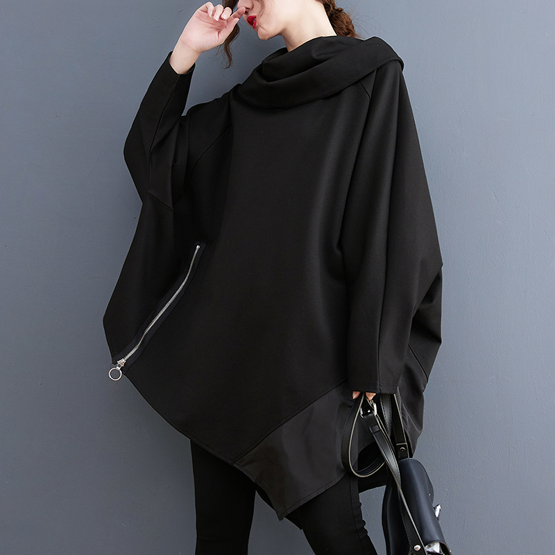 设计感小众堆堆领卫衣女春秋大码胖mm个性不规则中长款斗篷上衣潮