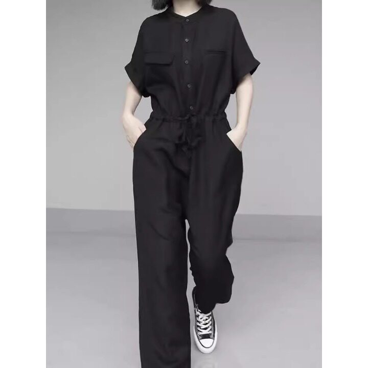 黑色工装短袖连衣裤女夏季薄款宽松系带收腰休闲直筒阔腿连体长裤
