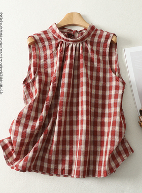港风红色格纹挂脖衬衫女26夏季甜美减龄圆领后系带娃娃衫无袖上衣