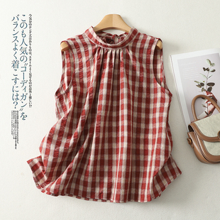港风红色格纹挂脖衬衫女26夏季甜美减龄圆领后系带娃娃衫无袖上衣
