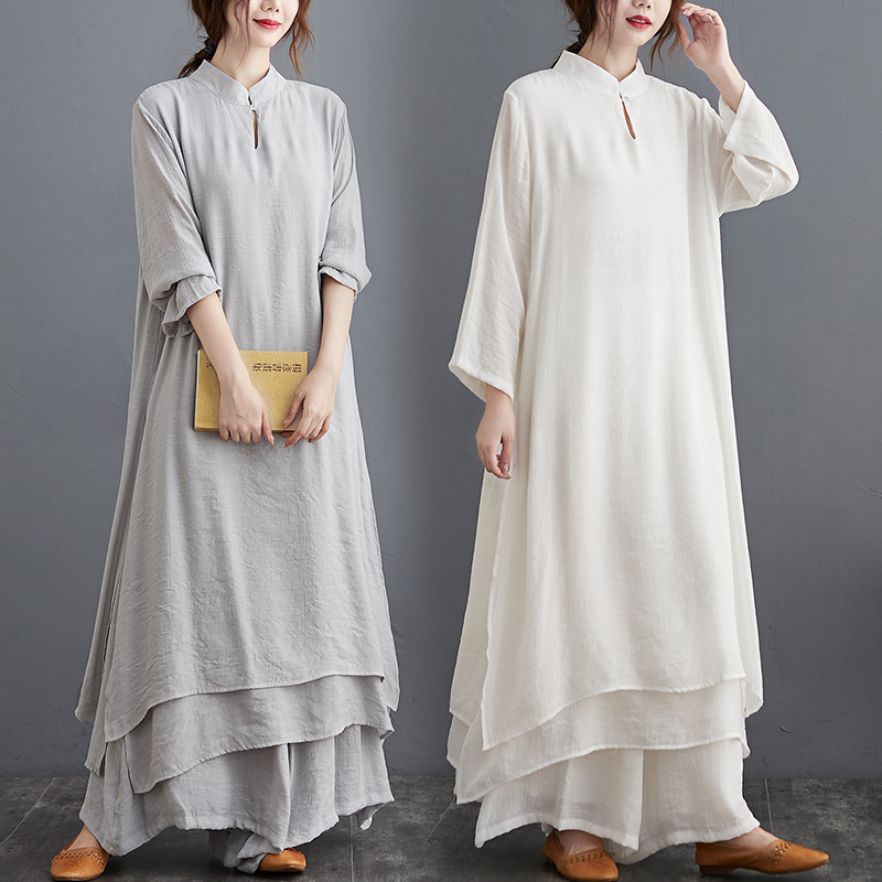 棉麻改良风禅意茶艺服奥黛旗袍