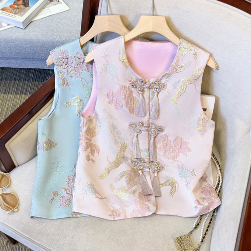 新中式国风提花织锦马甲背心女复古盘扣上衣外套改良旗袍唐装坎肩