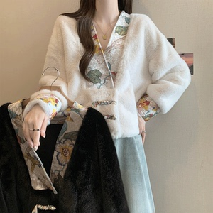 大码国风仿水貂绒毛毛短款外套女秋冬小香风中式盘扣皮草夹克上衣