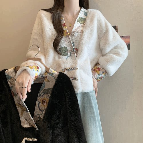 大码国风仿水貂绒毛毛短款外套女秋冬小香风中式盘扣皮草夹克上衣