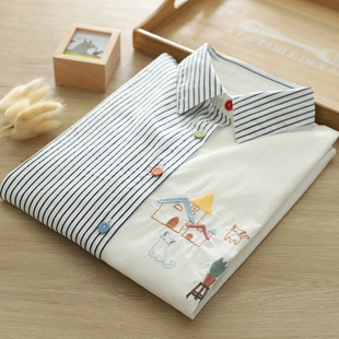 文艺小清新卡通刺绣拼色竖条纹白衬衫女春秋减龄内搭长袖打底衫潮