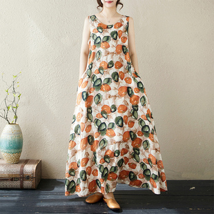 背心裙 胖mm宽松休闲显瘦a字裙无袖 复古印花棉麻连衣裙女夏季 大码