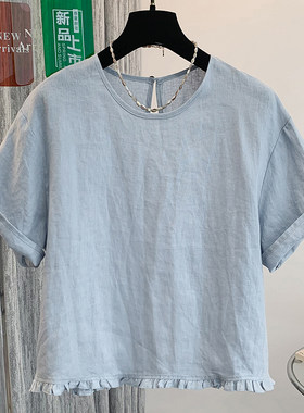 森系木耳边棉麻短袖T恤女夏季休闲简约苎麻小衫亚麻圆领套头上衣