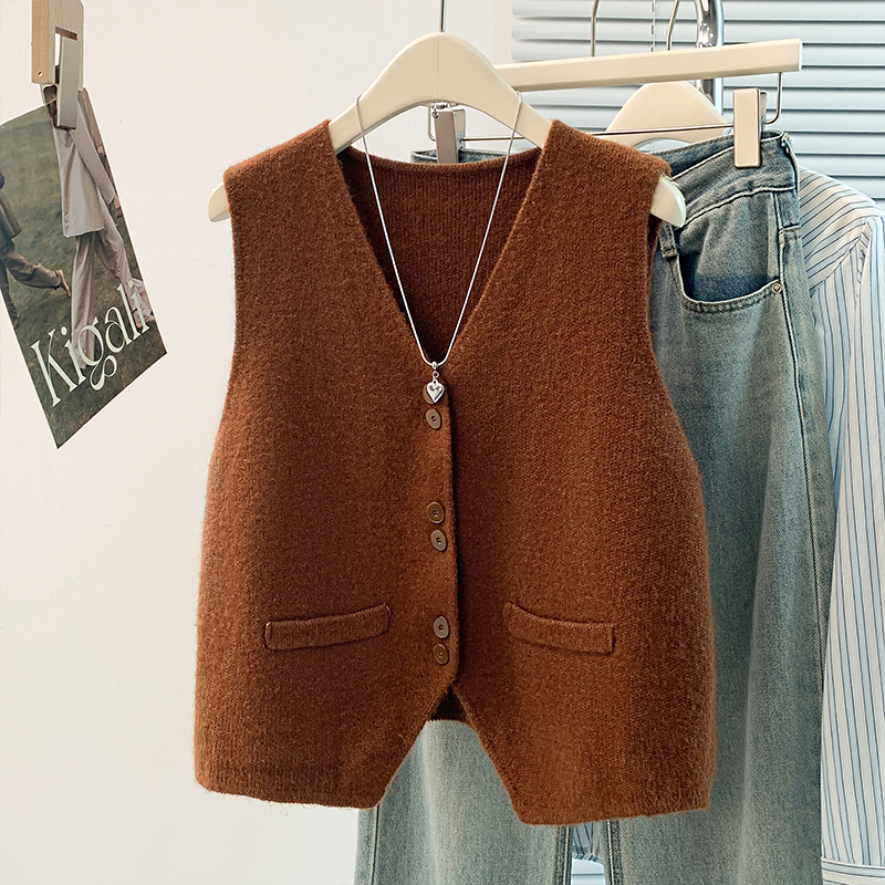 韩系西装针织衫马甲背心女秋季宽松大码叠穿开衫软糯毛衣马夹上衣