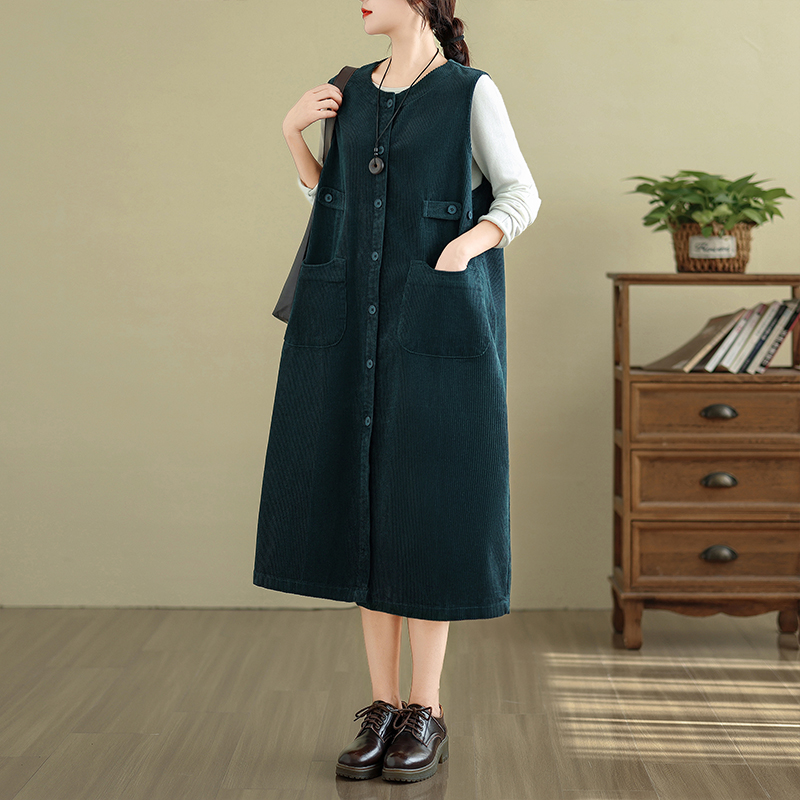 复古灯芯绒无袖连衣裙女秋冬高级感风衣中长款过膝开衫背心裙子潮