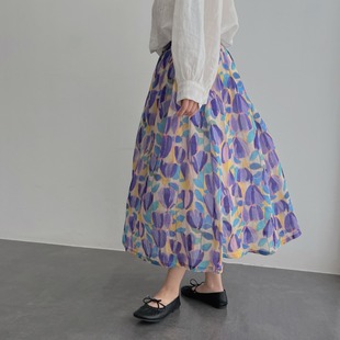 法式紫色碎花苎麻半身裙女夏季超仙垂感a字伞裙中长款大摆裙子潮