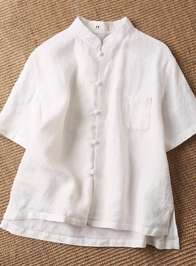 中国风白色苎麻盘扣短袖衬衫女夏季新款宽松立领棉麻衬衣茶服上衣