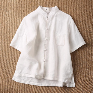 中国风白色苎麻盘扣短袖衬衫女夏季新款宽松立领棉麻衬衣茶服上衣