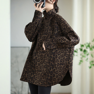 欧货高领不规则上衣女秋冬大码洋气豹纹印花卫衣宽松遮肉打底衫潮
