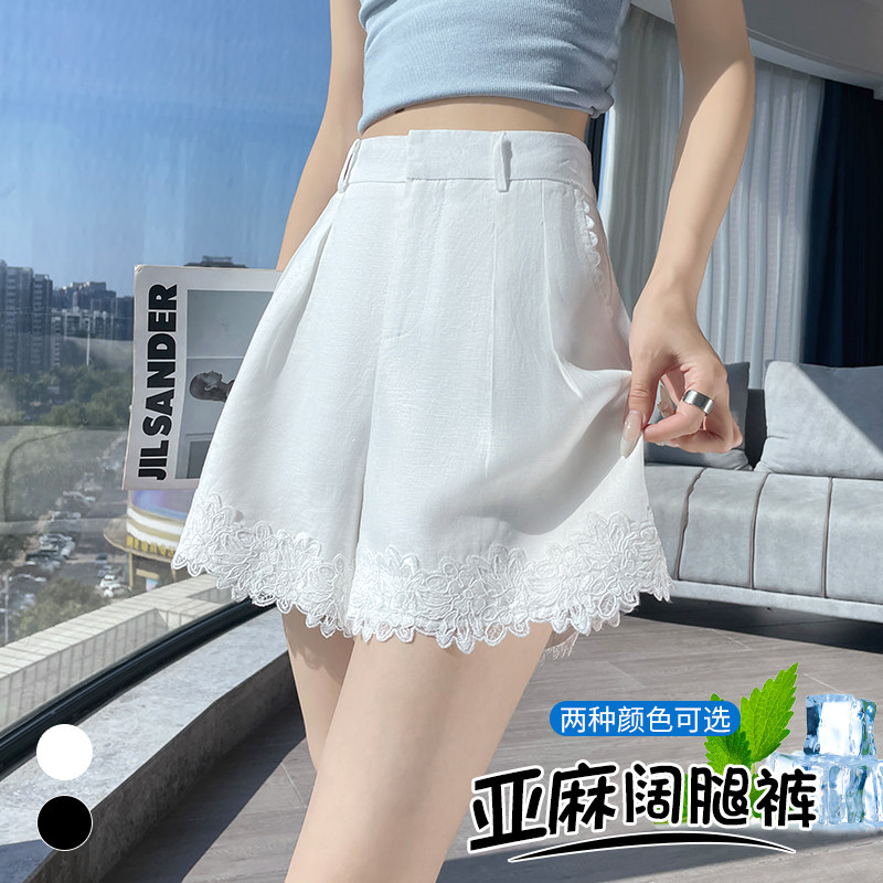 白色设计感亚麻拼接休闲薄短裤女夏季A字通勤百搭棉麻阔腿五分裤