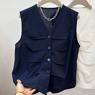 叠穿设计感压褶亚麻马夹外套 马甲女夏薄款 高级感V领棉麻无袖 工装